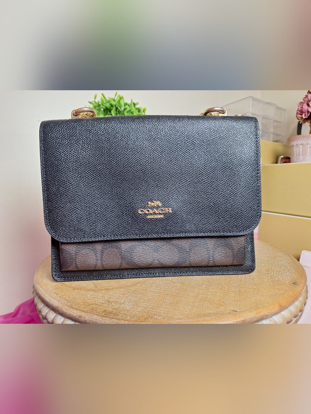 Coach Klare Crossbody In Signature Canvas Black Brown Gold Chain EUC